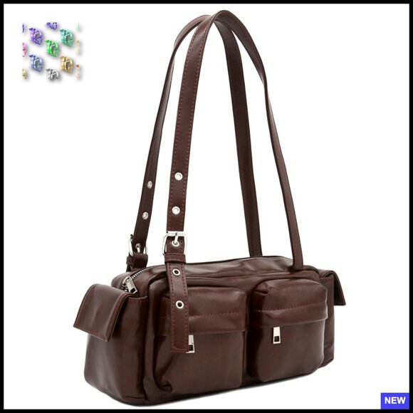 Handbags - Glossy Faux Leather Shoulder Bag Multi Pocket Baguette Style Adjustable Strap